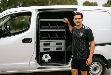 Interiør av varebil omgjort til et mobilt verksted for fotballutstyr.