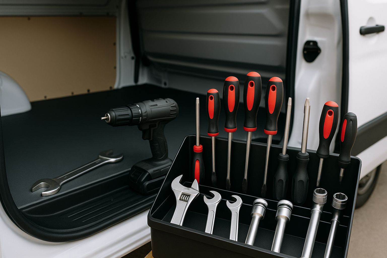 En varebil er innredet som et mobilt verksted med verktøy og utstyr for fotballklubber.